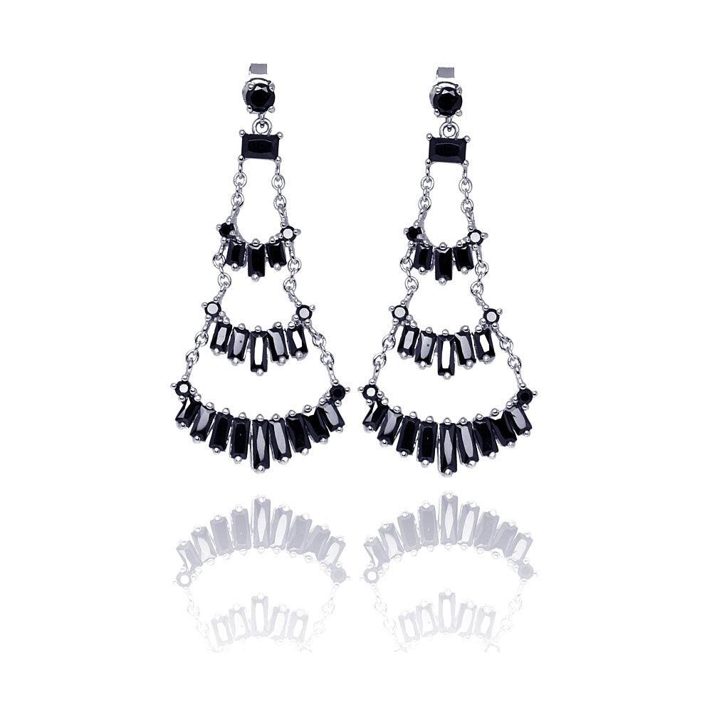 Silver 925 Rhodium Plated Multiple Black Baguette CZ Chandelier Dangling Stud Earrings - STE00547 | Silver Palace Inc.