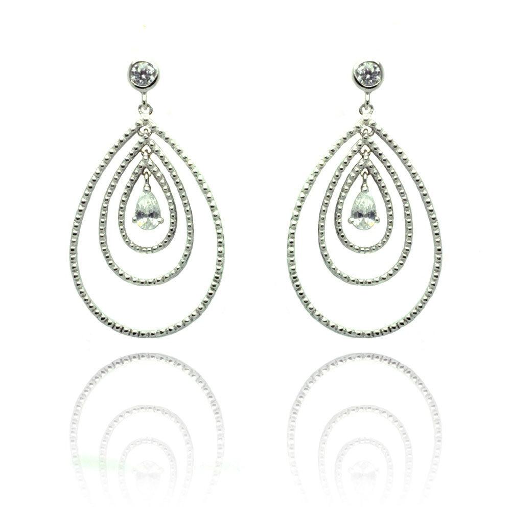 Silver 925 Rhodium Plated Round Teardrop CZ Dangling Stud Earrings - STE00653 | Silver Palace Inc.