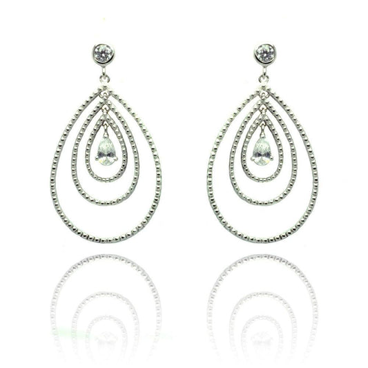 Silver 925 Rhodium Plated Round Teardrop CZ Dangling Stud Earrings - STE00653 | Silver Palace Inc.