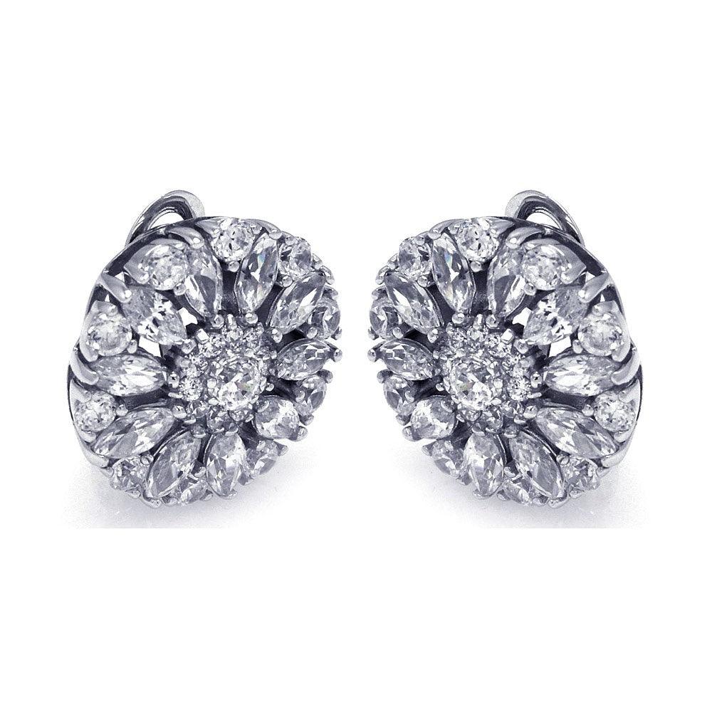 Silver 925 Rhodium Plated Round Flower Clear CZ Stud Earrings - STE00725 | Silver Palace Inc.