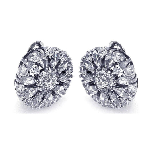 Silver 925 Rhodium Plated Round Flower Clear CZ Stud Earrings - STE00725 | Silver Palace Inc.