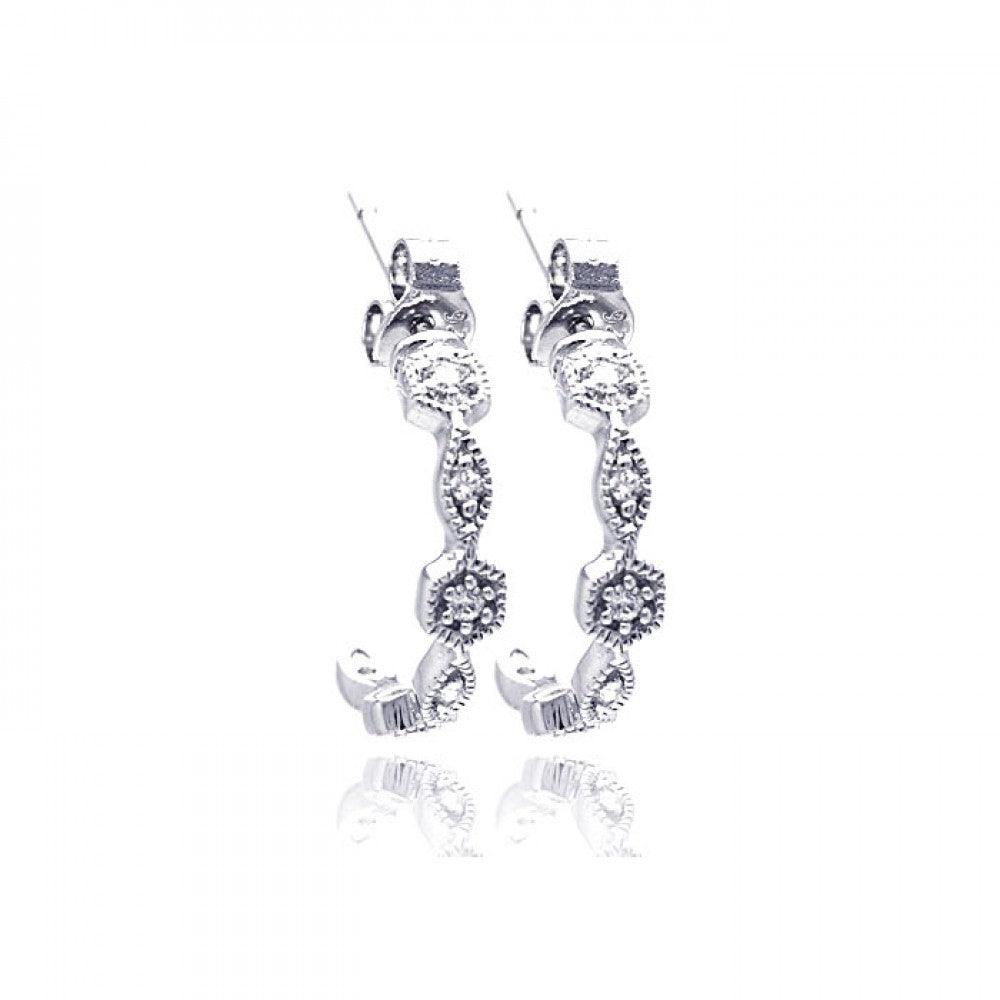 Silver 925 Rhodium Plated Round Marquis Clear CZ Semi Hoop Earrings - STE00754 | Silver Palace Inc.