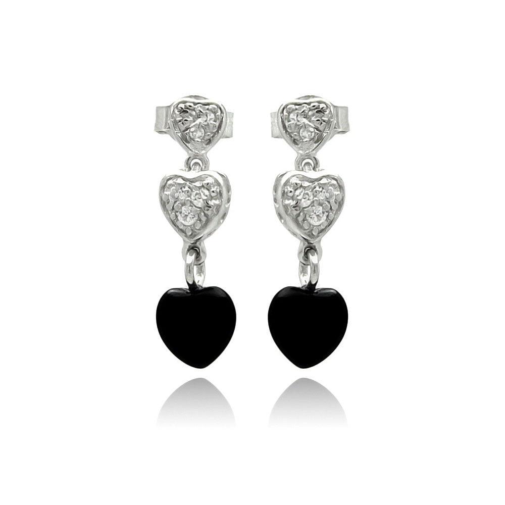 Silver 925 Rhodium Plated Graduated Heart Round Clear CZ Black Onyx Dangling Stud Earrings - STE00771 | Silver Palace Inc.