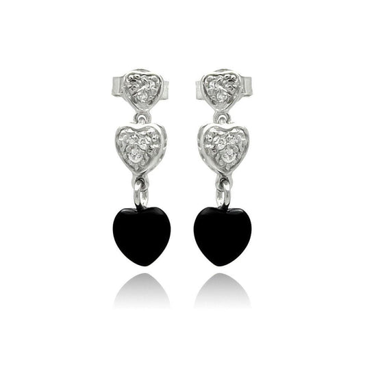 Silver 925 Rhodium Plated Graduated Heart Round Clear CZ Black Onyx Dangling Stud Earrings - STE00771 | Silver Palace Inc.