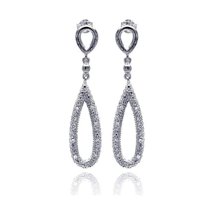 Silver 925 Rhodium Plated Open Teardrop Clear CZ Dangling Stud Earrings - STE00869