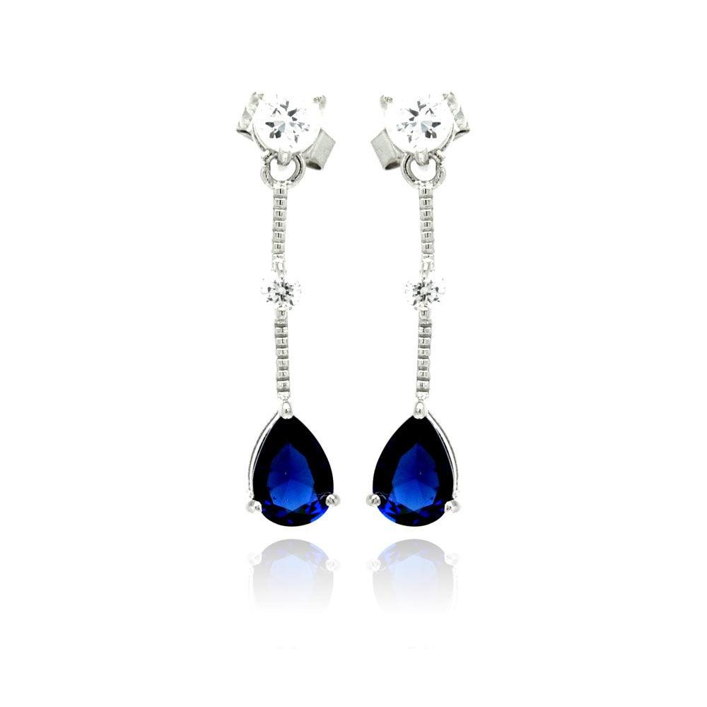 Silver 925 Rhodium Plated Blue Teardrop CZ Wire Dangling Stud Earrings - STE00880