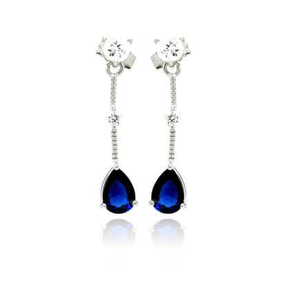 Silver 925 Rhodium Plated Blue Teardrop CZ Wire Dangling Stud Earrings - STE00880