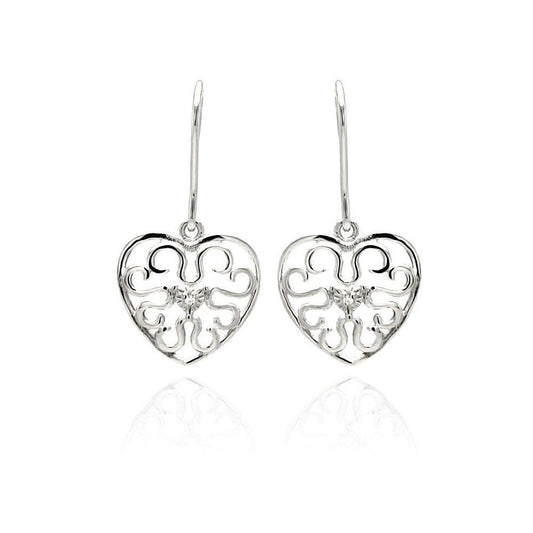 Silver 925 Rhodium Plated Small Round CZ Heart Filigree Dangling Earrings - STE00889 | Silver Palace Inc.