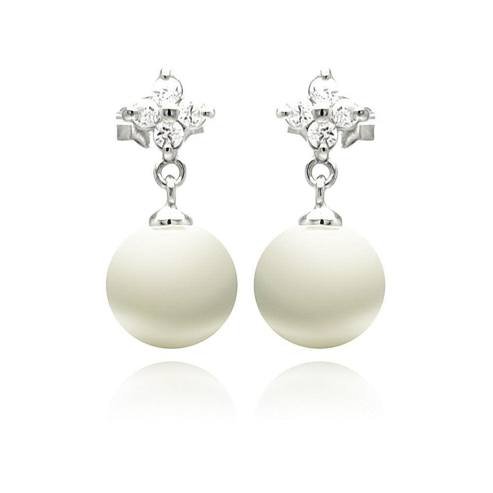 Silver 925 Rhodium Plated Clear CZ Enamel Pearl Dangling Stud Earrings - STE00896 | Silver Palace Inc.