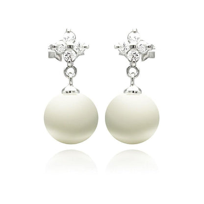 Silver 925 Rhodium Plated Clear CZ Enamel Pearl Dangling Stud Earrings - STE00896 | Silver Palace Inc.