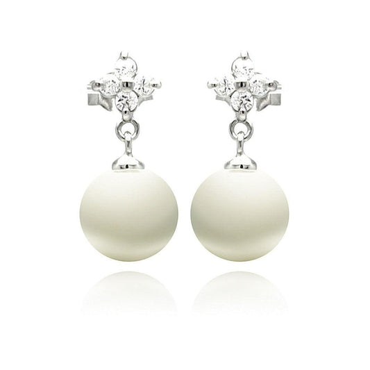 Silver 925 Rhodium Plated Clear CZ Enamel Pearl Dangling Stud Earrings - STE00896 | Silver Palace Inc.