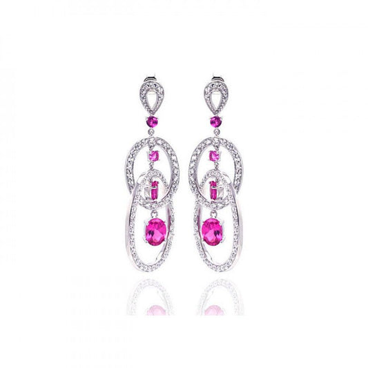 Closeout-Silver 925 Rhodium Plated Pink Multiple Circle Oval Baguette Round CZ Chandelier Dangling Stud Earrings - STE00937 | Silver Palace Inc.