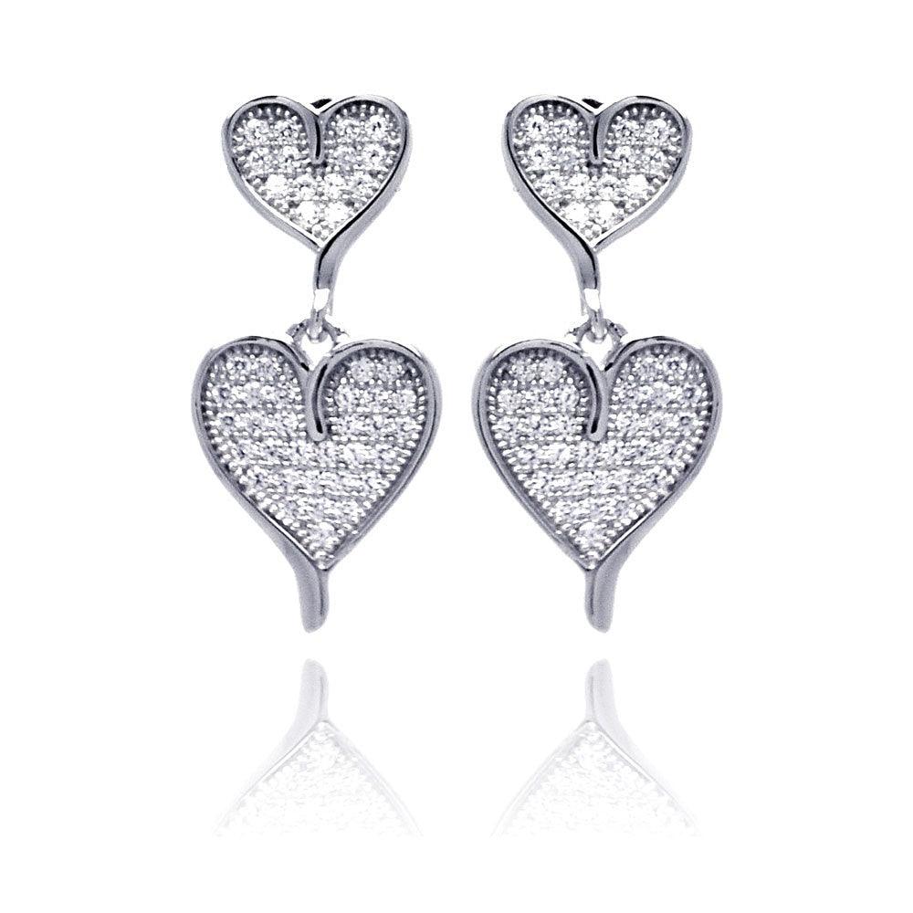 Silver 925 Rhodium Plated Micro Pave Clear Graduated Heart CZ Dangling Earrings - ACE00052 | Silver Palace Inc.