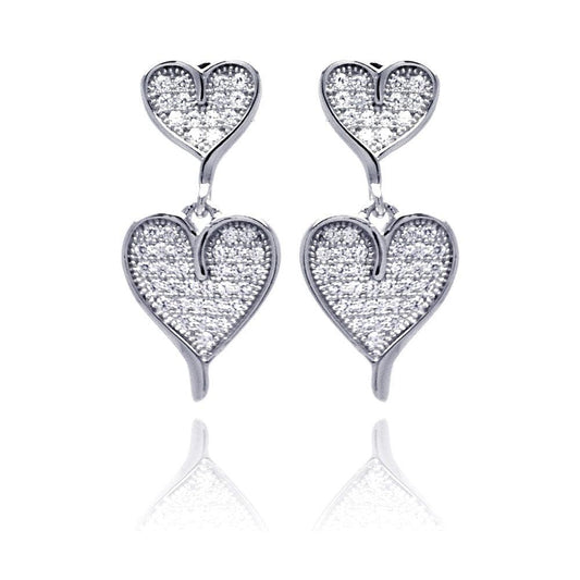 Silver 925 Rhodium Plated Micro Pave Clear Graduated Heart CZ Dangling Earrings - ACE00052 | Silver Palace Inc.