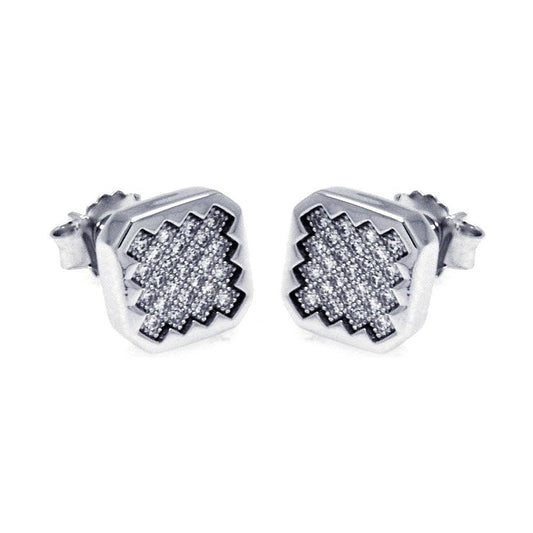 Silver 925 Rhodium Plated Micro Pave Clear Sun Square CZ Stud Earrings - ACE00053 | Silver Palace Inc.