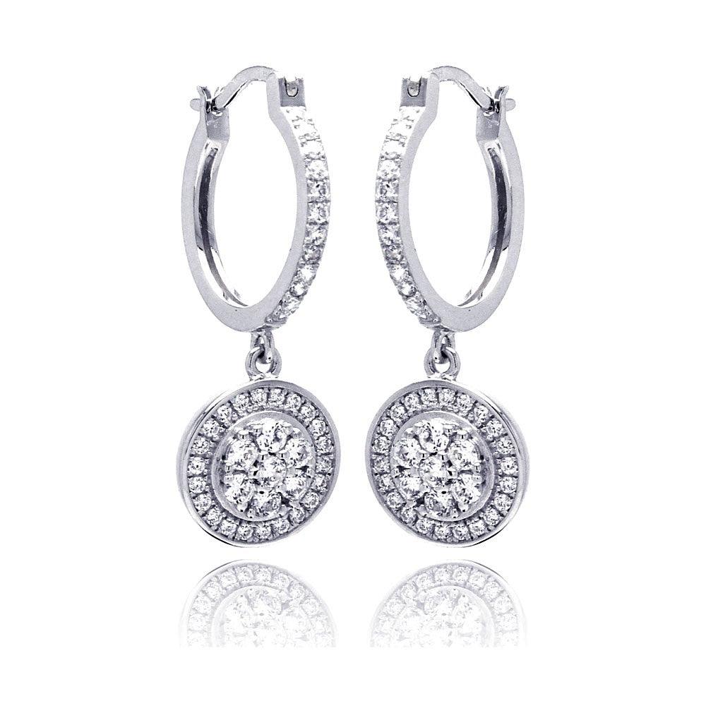 Silver 925 Rhodium Plated Micro Pave Clear Round CZ Wire Dangling huggie hoop Earrings - ACE00059 | Silver Palace Inc.