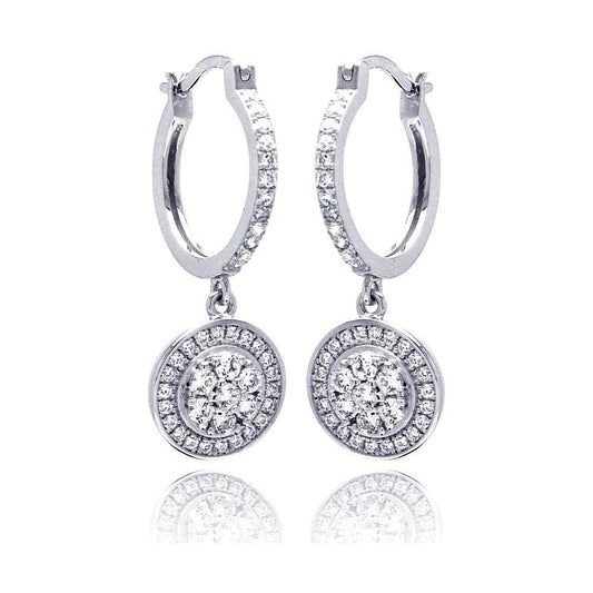 Silver 925 Rhodium Plated Micro Pave Clear Round CZ Wire Dangling huggie hoop Earrings - ACE00059 | Silver Palace Inc.