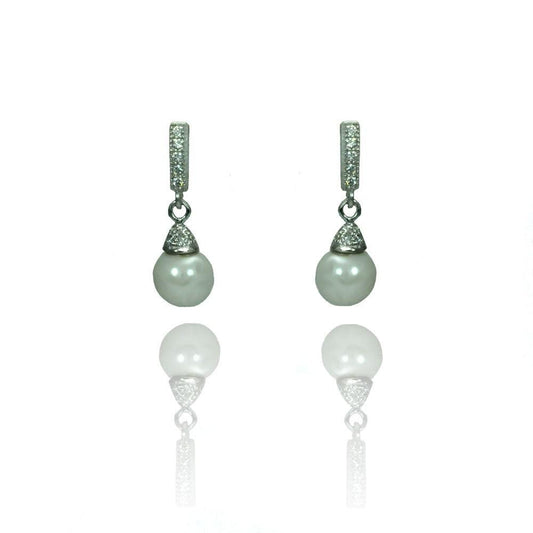 Silver 925 Rhodium Plated Round Clear CZ Synthetic Pearl Dangling Stud Earrings - STE00902 | Silver Palace Inc.