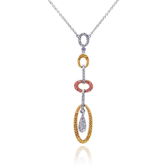 Silver 925 Rhodium, Gold, and Rose Gold Plated Multi Open Oval Multi Colored CZ Pendant Necklace - BGN00010 | Silver Palace Inc.