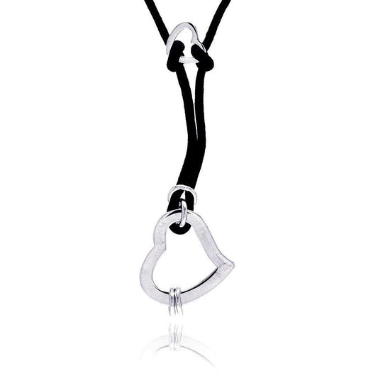 Closeout-Silver 925 Rhodium Plated Open Heart Black Cord Pendant Necklace - BGN00016 | Silver Palace Inc.
