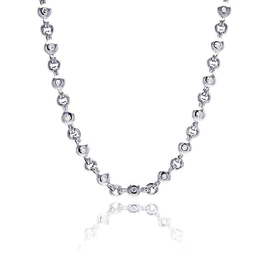 Closeout-Silver 925 Rhodium Plated Clear Round CZ Link Necklace - BGN00017 | Silver Palace Inc.