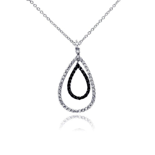 Closeout-Silver 925 Rhodium and Black Rhodium Plated Clear and Black CZ Open Teardrop Pendant Necklace - BGN00019 | Silver Palace Inc.