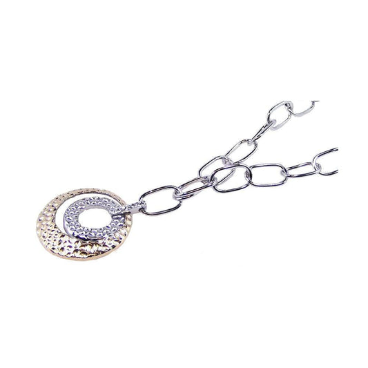 Closeout-Silver 925 Rhodium and Gold Plated Open Hammered Circle Pendant Necklace - BGN00024 | Silver Palace Inc.