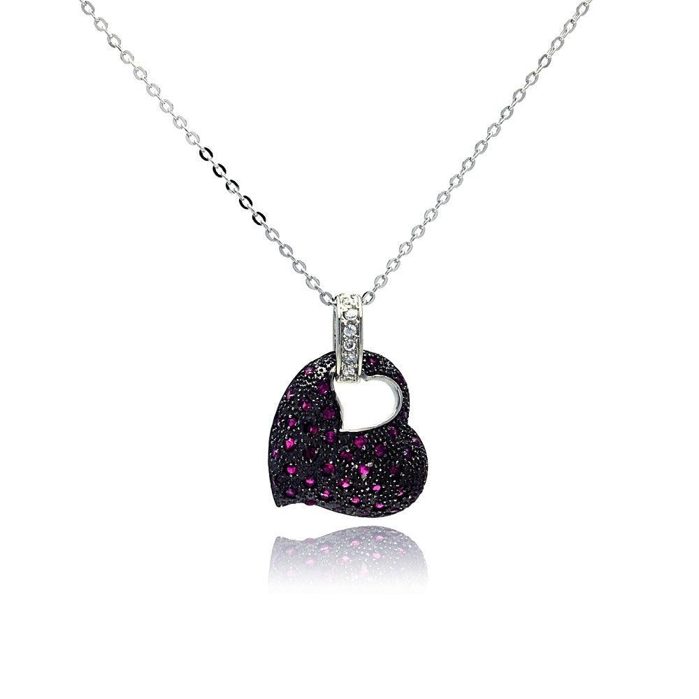 Closeout-Silver 925 Purple CZ Black Rhodium Plated Heart Pendant Necklace - BGP00018 | Silver Palace Inc.