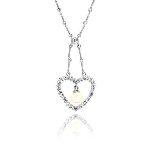 Closeout-Silver 925 Clear CZ Rhodium Plated Pearl Heart Pendant Necklace - BGP00026 | Silver Palace Inc.