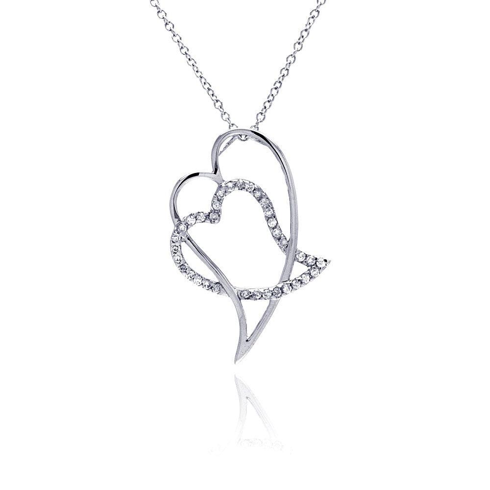 Closeout-Silver 925 Clear CZ Rhodium Plated Double Heart Pendant Necklace - BGP00047 | Silver Palace Inc.