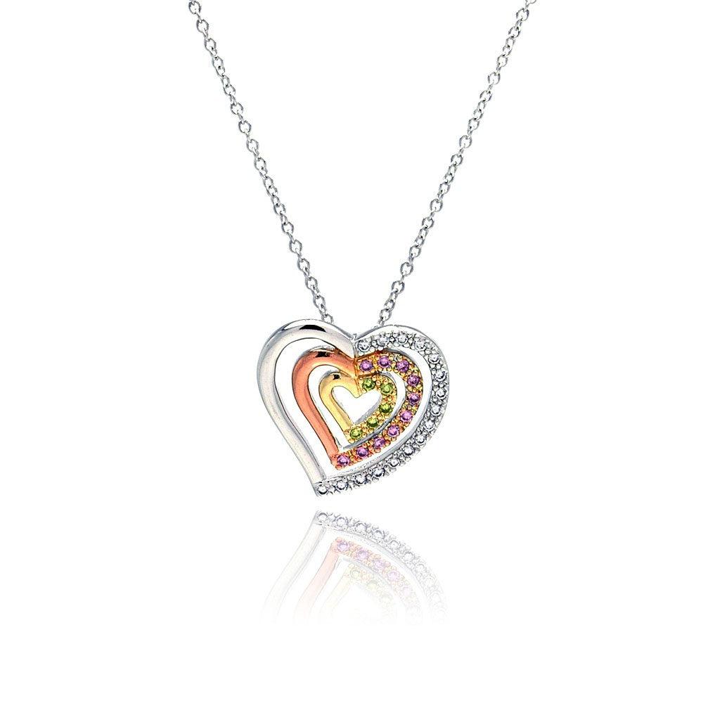 Closeout-Silver 925 Clear Pink Yellow CZ Gold Rose Gold and Rhodium Plated 3 Graduated Heart Pendant Necklace - BGP00056 | Silver Palace Inc.