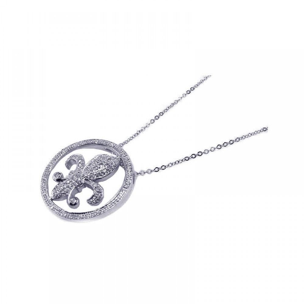 Closeout-Silver 925 Clear CZ Rhodium Plated Flor Di Lis Pendant Necklace - BGP00059 | Silver Palace Inc.