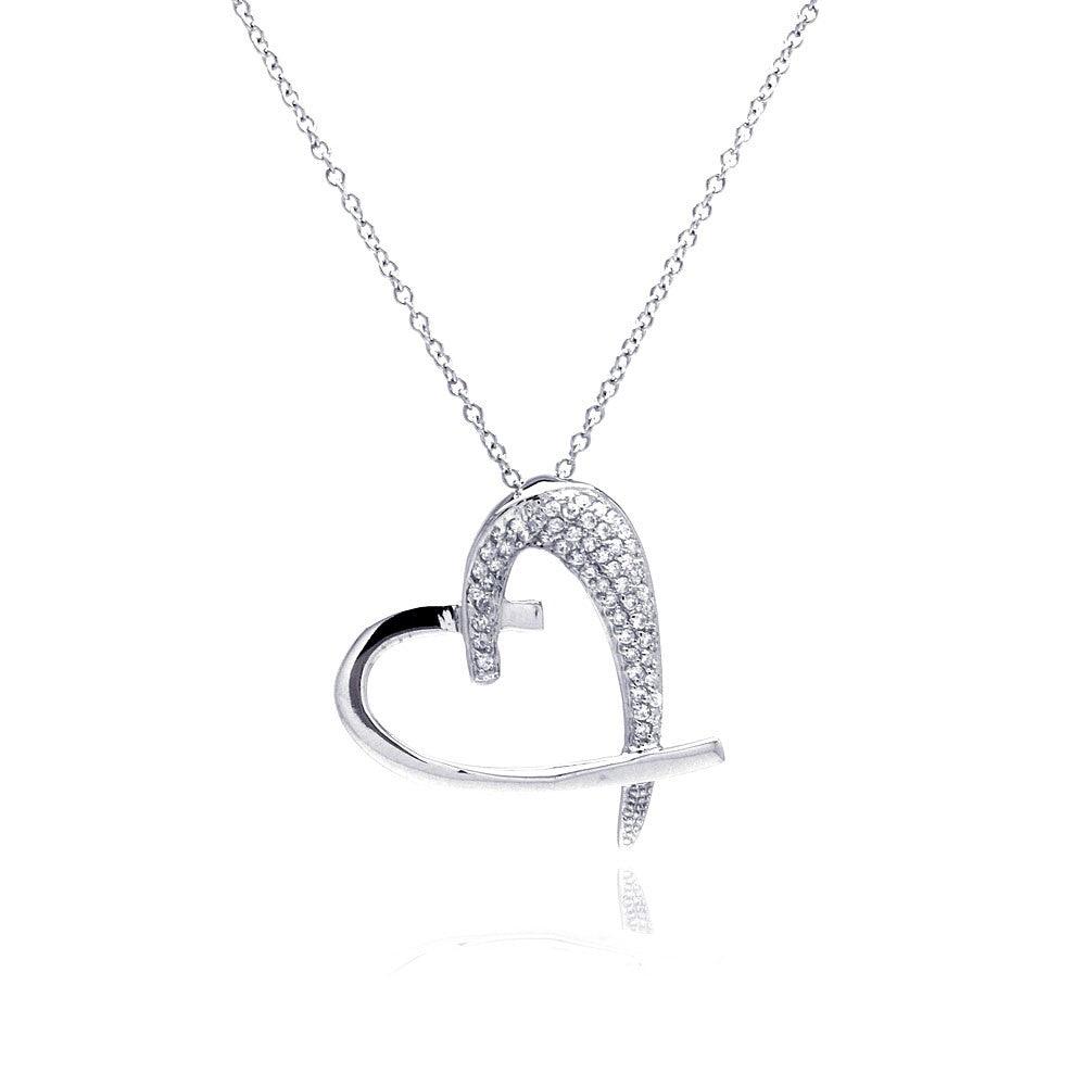 Closeout-Silver 925 Clear CZ Rhodium Plated Heart Pendant Necklace - BGP00096 | Silver Palace Inc.