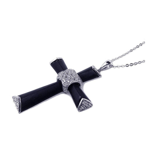 Closeout-Silver 925 Clear CZ Rhodium Plated Black Enamel Cross Pendant Necklace - BGP00103 | Silver Palace Inc.