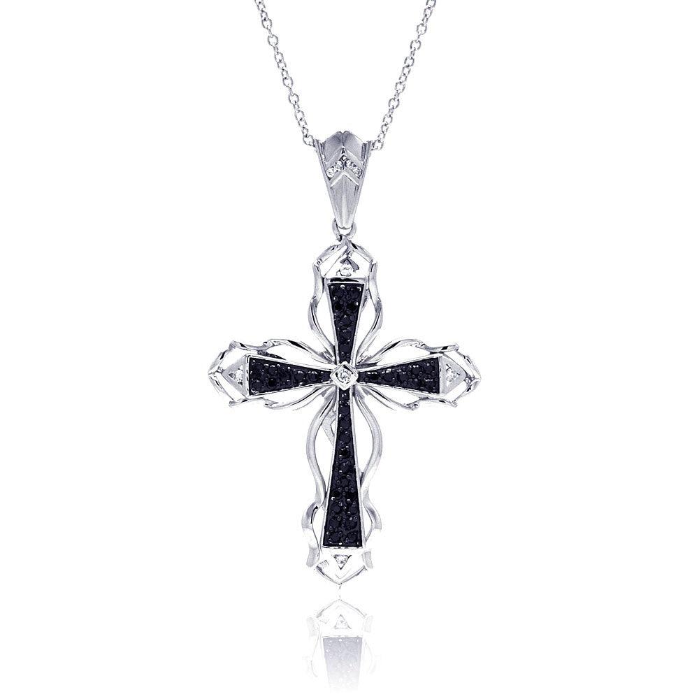 Closeout-Silver 925 Black CZ Black Rhodium Plated Cross Pendant Necklace - BGP00113 | Silver Palace Inc.