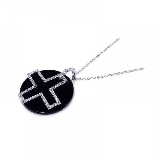 Closeout-Silver 925 Clear CZ and Onyx Rhodium Plated Cross Pendant Necklace - BGP00124 | Silver Palace Inc.