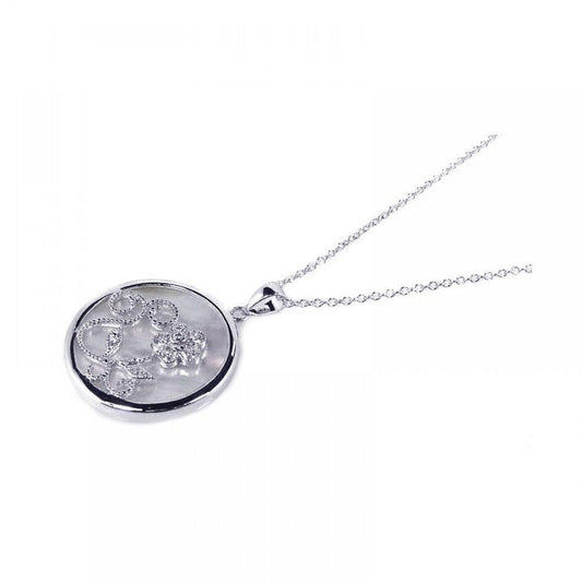 Closeout-Silver 925 Clear CZ Mother Pearl Rhodium Plated Round Circle Pendant Necklace - BGP00127 | Silver Palace Inc.