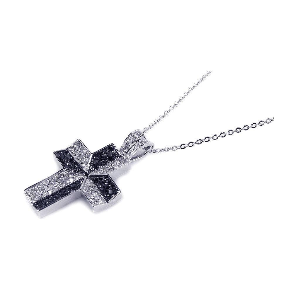 Closeout-Silver 925 Black and Clear CZ Black Rhodium Plated Cross Pendant Necklace - BGP00140 | Silver Palace Inc.