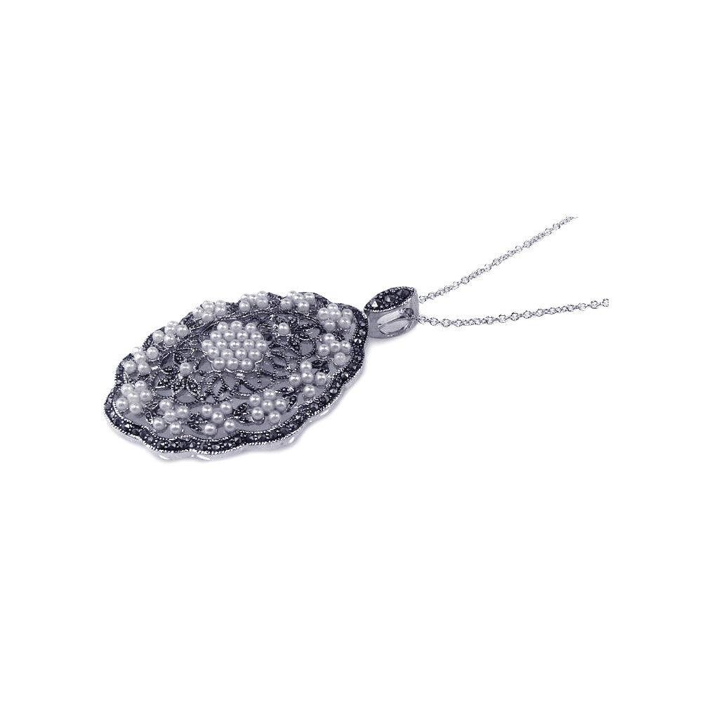 Closeout-Silver 925 Marcasite Pearl Rhodium Plated Oval Pendant Necklace - BGP00142 | Silver Palace Inc.