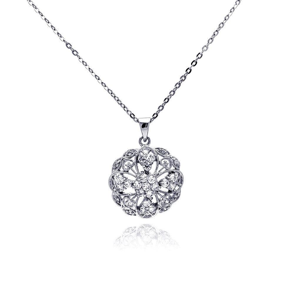 Closeout-Silver 925 Clear CZ Rhodium Plated Filigree Pendant Necklace - BGP00158 | Silver Palace Inc.