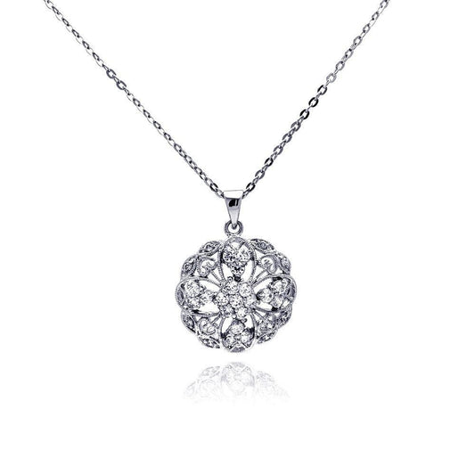 Closeout-Silver 925 Clear CZ Rhodium Plated Filigree Pendant Necklace - BGP00158 | Silver Palace Inc.