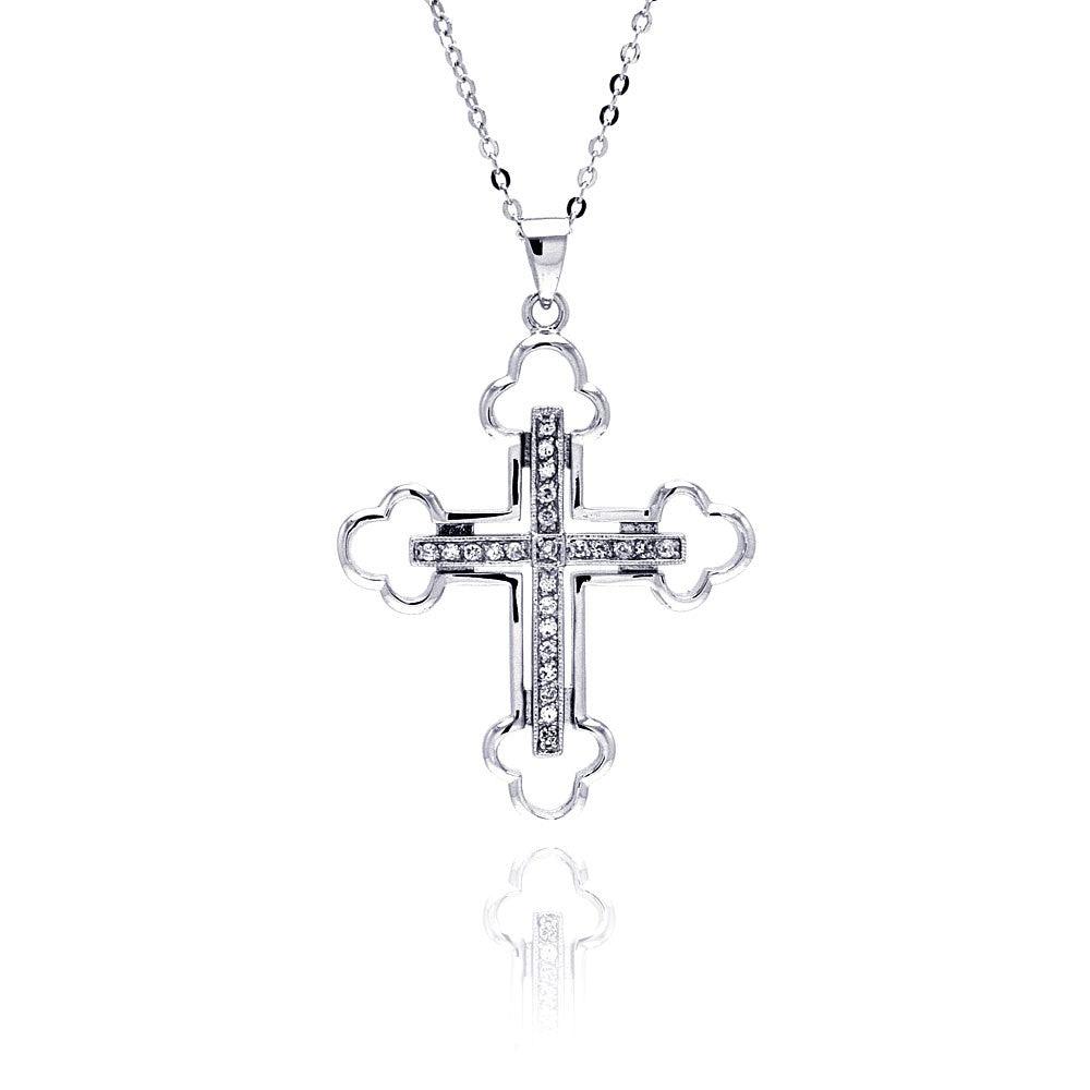 Closeout-Silver 925 Clear CZ Rhodium Plated Cross Pendant Necklace - BGP00159 | Silver Palace Inc.