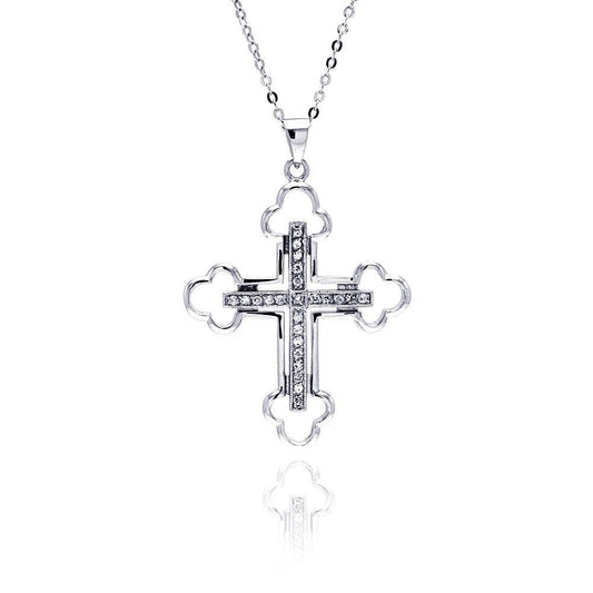 Closeout-Silver 925 Clear CZ Rhodium Plated Cross Pendant Necklace - BGP00159 | Silver Palace Inc.