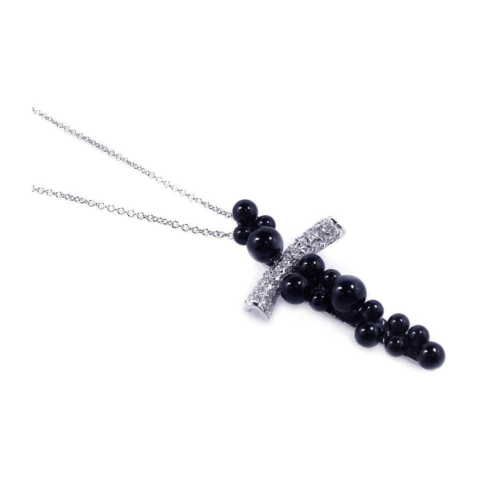 Closeout-Silver 925 Rhodium Plated Cross CZ Graduate Ball Black Onyx Necklace - BGP00170 | Silver Palace Inc.