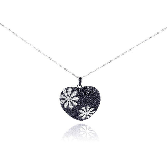 Closeout-Silver 925 Black and Rhodium Plated Flower Design Black Heart CZ Necklace - BGP00175 | Silver Palace Inc.