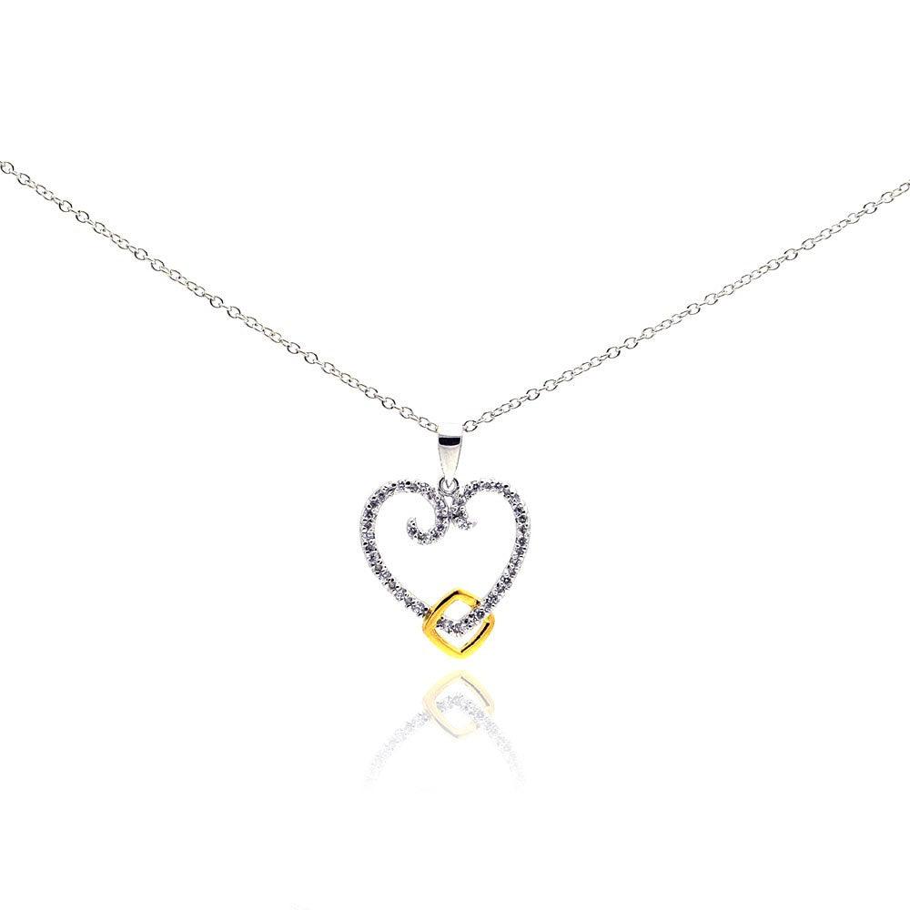 Silver 925 Gold and Rhodium Plated Open Heart CZ Necklace - BGP00184 | Silver Palace Inc.