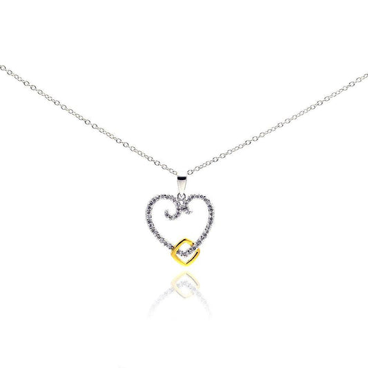 Silver 925 Gold and Rhodium Plated Open Heart CZ Necklace - BGP00184 | Silver Palace Inc.