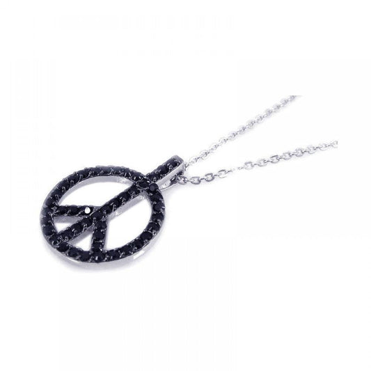 Silver 925 Rhodium Open Black Peace Sign CZ Necklace - BGP00192 | Silver Palace Inc.