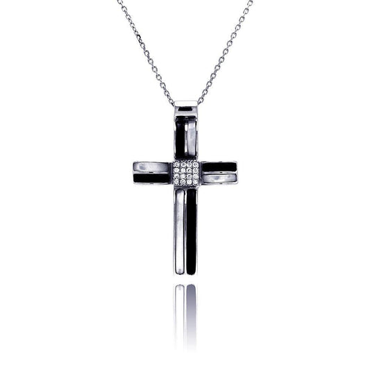 Closeout-Silver 925 Black and Rhodium Cross CZ Necklace - BGP00200 | Silver Palace Inc.