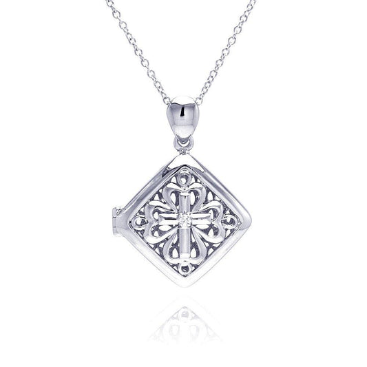 Closeout-Silver 925 Rhodium Square Filigree CZ Necklace - BGP00224 | Silver Palace Inc.